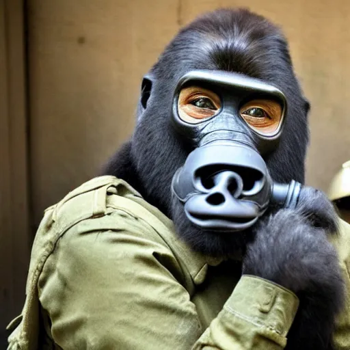 Prompt: high quality photo of A gorilla wearing a world war 2 gas mask, realism, 8k, award winning photo