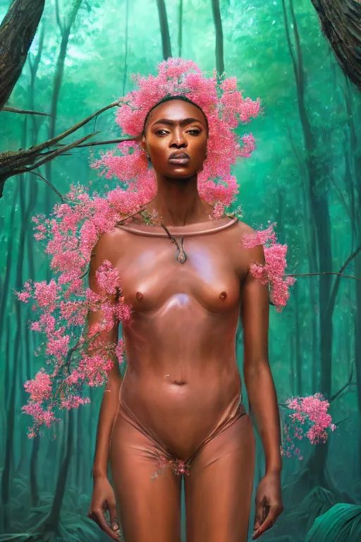 Image similar to hyperrealistic post - renaissance cinematic super expressive! yoruba goddess with exoskeleton armor, merging with tree in a forest, pink orange flowers, highly detailed digital art masterpiece, smooth cam de leon eric zener dramatic pearlescent soft teal light, ground angle hd 8 k, sharp focus