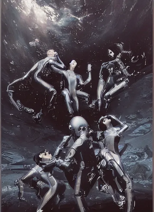 Image similar to astronauts girls in dark void underwater - complex and hyperdetailed technical suit design. reflection and dispersion materials. rays and dispersion of light. volumetric light. f / 3 2. noise film photo. flash photography. ultra realistic, 5 0 mm. poster by wayne barlowe, hajime sorayama aaron horkey, craig mullins