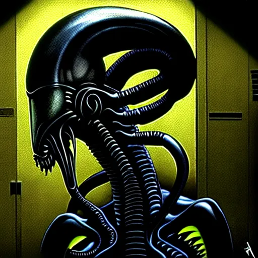 Image similar to black glossy xenomorph, alien movie, endless abandoned office cubicles, pale yellow wallpaper, moist brown carpet, dim fluorescent lighting, artstation, ultra detailed, creepy, dramatic lighting, photorealistic, art by h. r. giger and chris fss