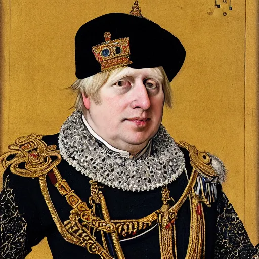 Prompt: Painting of the Ruler of the British Raj, the King Boris Johnson, painted by Hans Holbein, with jewels and riches, British Museum