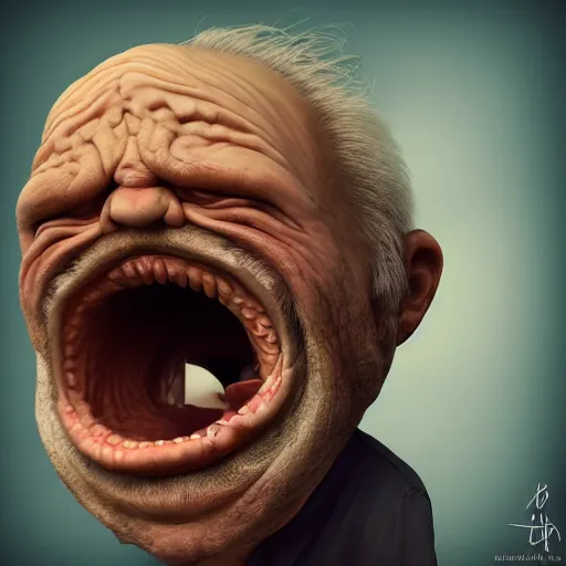 Image similar to a profile picture, old man screaming into camera, fish eye lens, deep wrinkes!!!!!, old,, trending on artstation, scary, funny, highly detailed, 8 k,