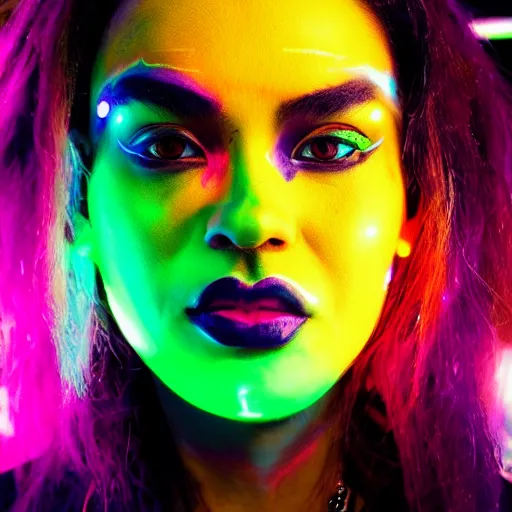 Image similar to a woman with glowing neon face paint on her face, cyberpunk art by Chinwe Chukwuogo-Roy and Ross Tran, featured on pexels, afrofuturism