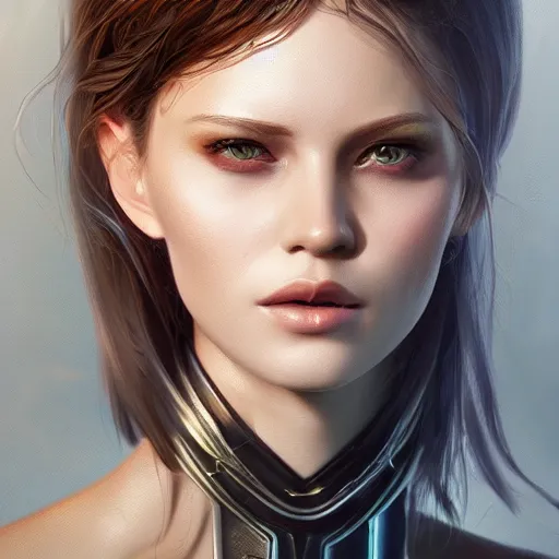 Image similar to beautiful futuristic young woman, diffuse lighting, fantasy, intricate, highly detailed, lifelike, photorealistic, digital painting, artstation, illustration, concept art, smooth, sharp focus