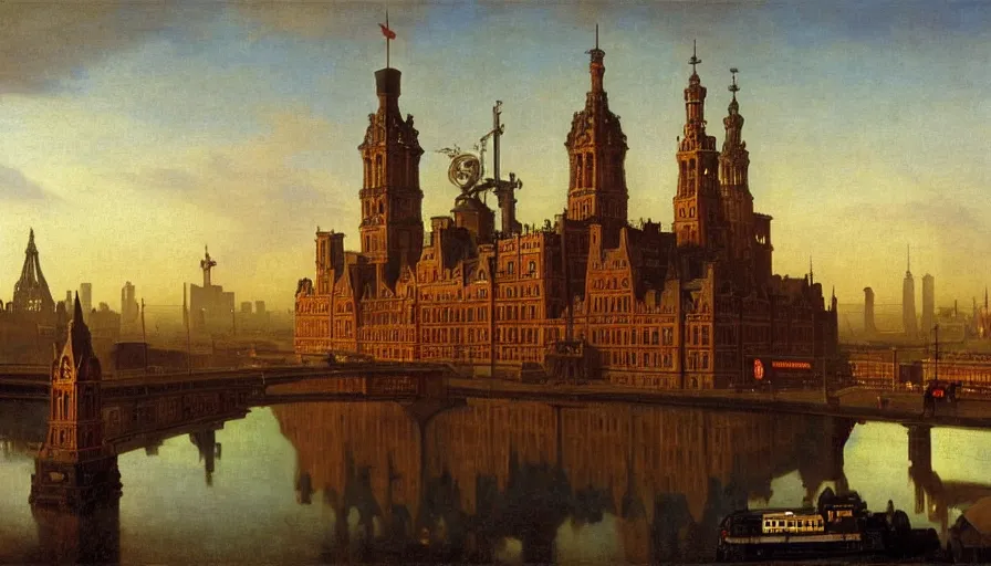 Image similar to Victorian England soviet city with flying cars and cyberpunk, made by Hubert van Eyck, Georges de La Tour, Élisabeth Vigée Le Brun, Jacques-Louis David