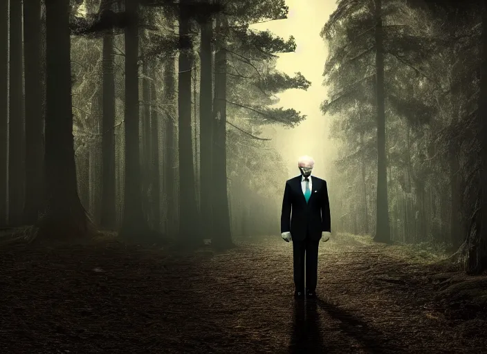 Image similar to joe biden as slenderman in forest, creepy joe biden, tall trees, night, creepy, horror, movie still, dark, haunted, cinematic lighting, ray tracing, octane render, long lens, shallow depth of field, bokeh, anamorphic lens flare, 8 k, hyper detailed, 3 5 mm film grain