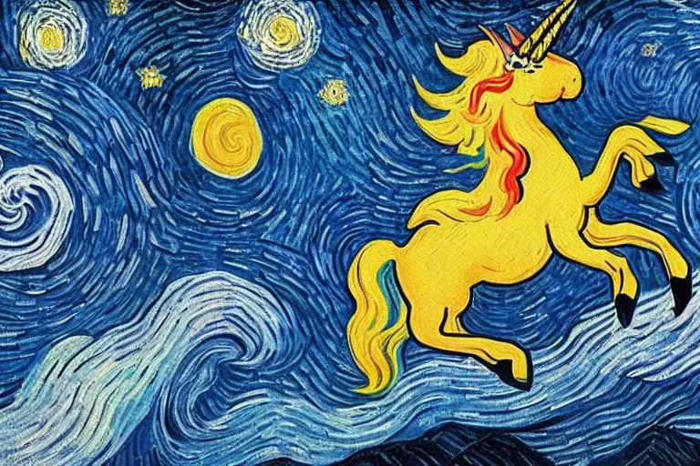 Image similar to rainbow unicorn flying in space by van gogh