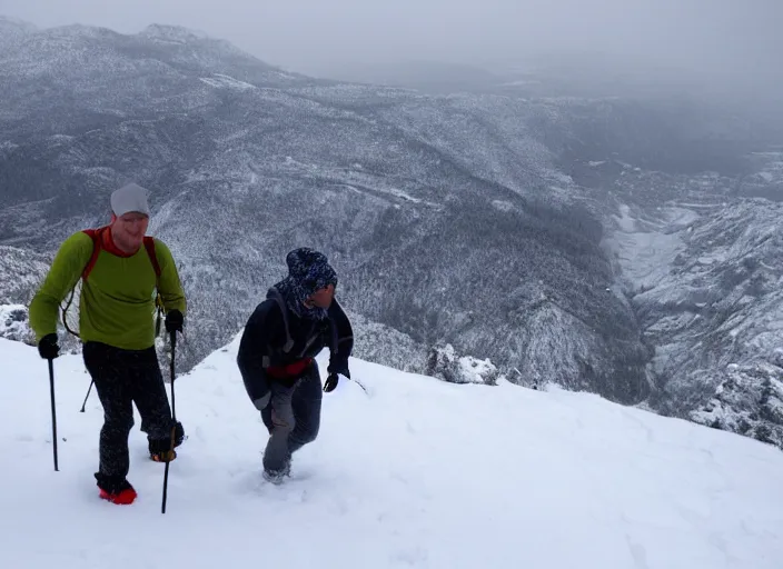 Prompt: two men hiking up a massive stoney mountain in the midst of a white our blizzard, windy, snow, breathtaking views