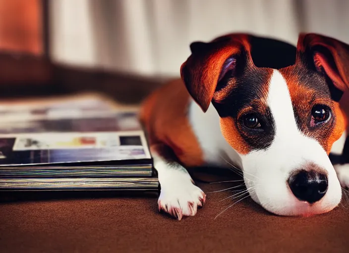 Image similar to photography of a Jack Russel . watching outside the window. on a bed. in a vintage room full of vinyls and posters.,volumetric light, photorealistic,, award winning photo, 100mm, sharp, high res