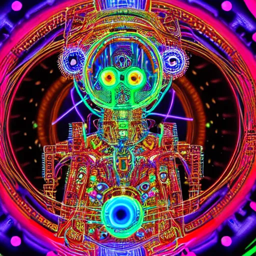 Prompt: hyperdetailed masterpiece portrait of a steampunk robot, covered in colorful glowing holy geometry and chakras, wearing a diadem of multicolored tubes and cables, symmetrical, 8 k, halluzinogenic, flourescent colors on black background