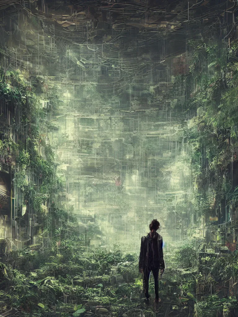 Image similar to portrait of a lonely stranger, lost in a hall of a cyberpunk megacomplex overgrown by strange plants; hyperrealistic, 4K wallpaper, highly detailed and beautiful, glitchpunk