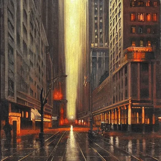 Image similar to muted color ultra realistic painting mirror dimesnions 1 9 2 5 boston downtown at night, dark, brooding, night, atmospheric, horror, cosmic, ultra - realistic, smooth, highly detailed in the style of clyde caldwell