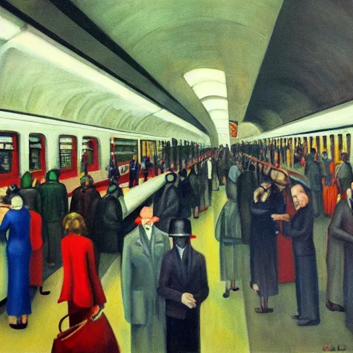 Image similar to crowded subway station interior, art deco, brutalism, dystopian, pj crook, edward hopper, oil on canvas