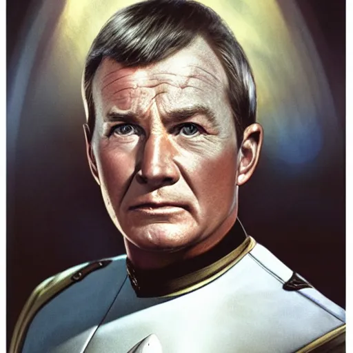 Image similar to photograph of captain j. kirk from star trek screaming in terror. sharp photograph, sharp focus, highly detailed,, detailed face!!, ultra realism, dramatic lighting, zeiss lens, canon eos, detailed skin, dynamic pose, 8 k resolution, hyperrealism, portrait photography, art by artgerm and greg rutkowski and alphonse mucha