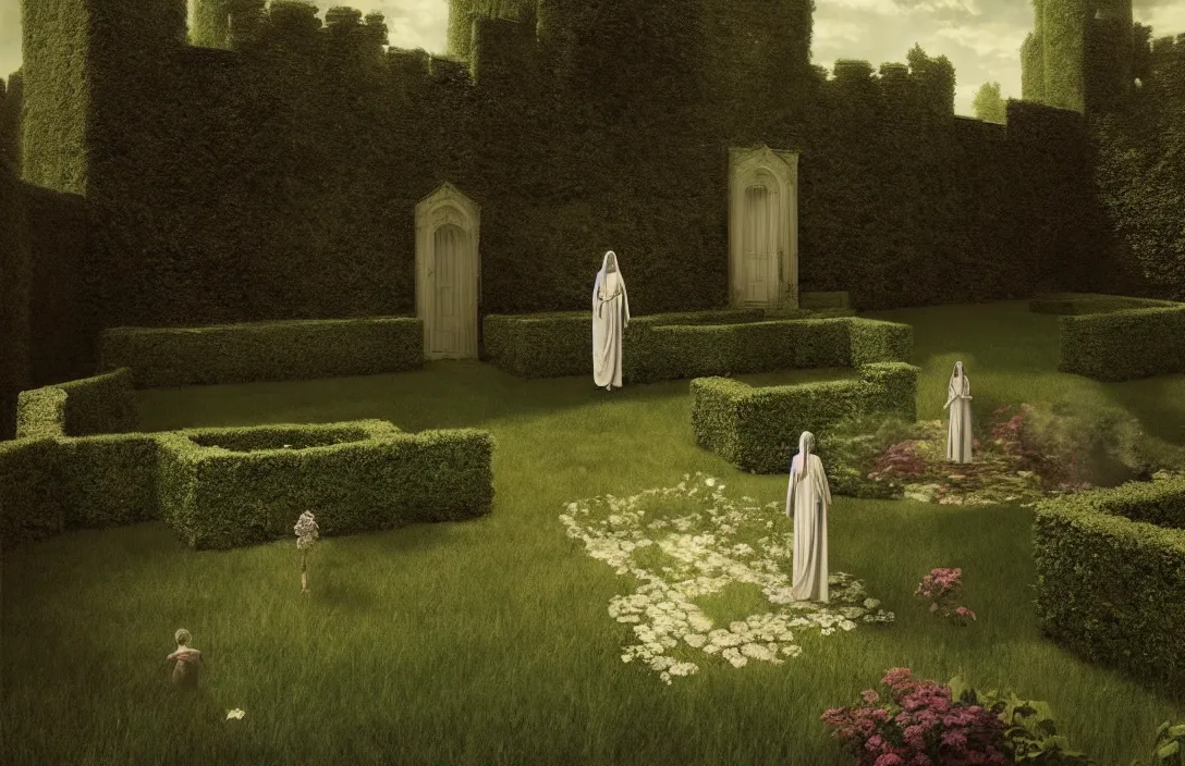 Prompt: queen of heaven sequestered corner of a garden within a castle walls the rules of proportion, scale, and perspective are disregarded render by gregory crewdson