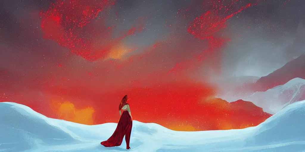 Prompt: surreal snow landscape, woman in gold dress with red hair crawling in red liquid, black antimatter blobs, floating golden orbs, red sky, concept art, artstation, painting by anato finnstark,