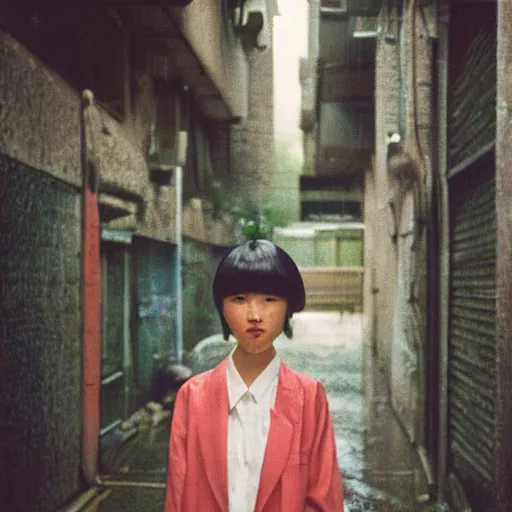 Image similar to 1990s perfect 8K HD professional cinematic photo of close-up japanese schoolgirl posing in sci-fi dystopian alleyway at morning during rain, at instagram, Behance, Adobe Lightroom, with instagram filters, depth of field, taken with polaroid kodak portra