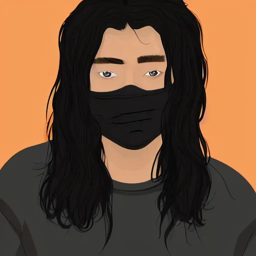 Prompt: professional digital art of a young adult man with slightly long hair wearing a black face mask and an oversized dark sweatshirt and dark sweatpants, high quality, HD, 8K, highly detailed, award-winning, sci-fi, fantasy, movie, show, tv series, actor, character