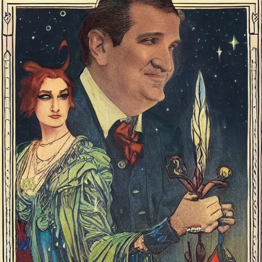 Image similar to ted cruz portrait by louis - theophile hingre, zodiac, tarot cards, planets, ethereal, art nouveau