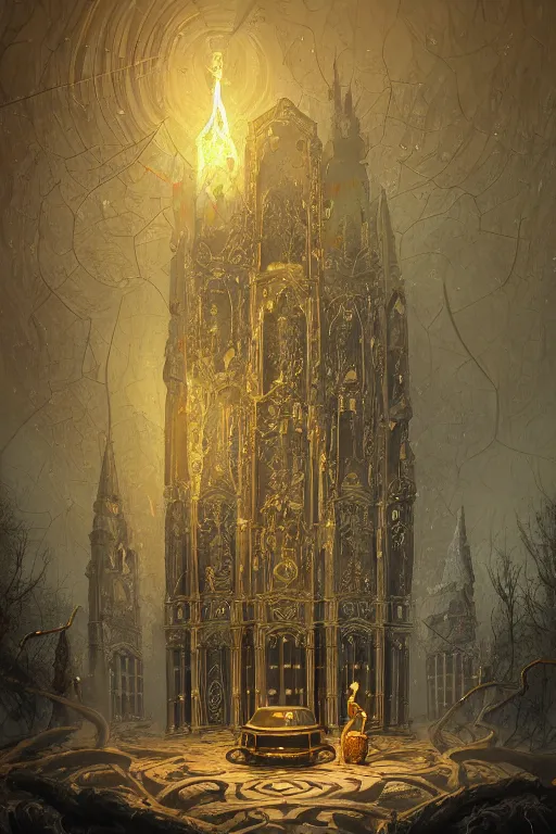 Image similar to illustration of close low angle view of an ornate obsidian gothic pipe organ with gold spidery embellishments, night, smoke, ground fog, by peter mohrbacher, by alex andreev, by jacek yerka, by vincent di fate, large depth of field, super detailed, digital art, trending on artstation, ornate