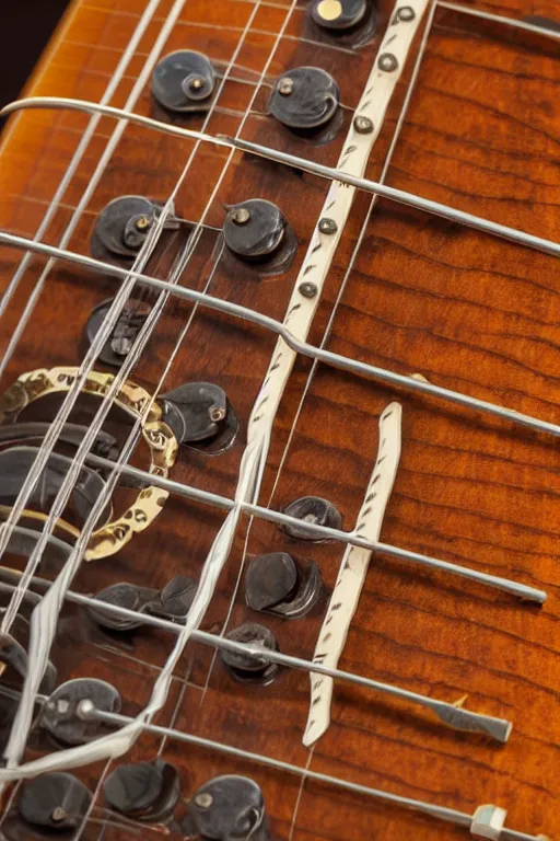 Prompt: up close steampunk guitar fretboard