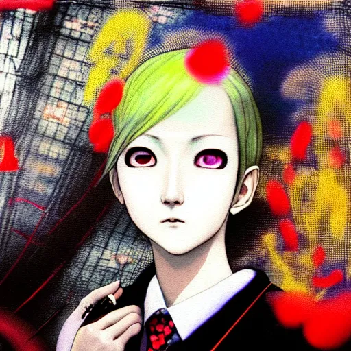 Prompt: yoshitaka amano blurred and dreamy three quarter angle portrait of a young woman with white hair and black eyes wearing dress suit with tie, playstation 2 horror game, junji ito abstract patterns in the background, satoshi kon anime, chungking express color palette, noisy film grain effect, highly detailed, renaissance oil painting, weird portrait angle, blurred lost edges