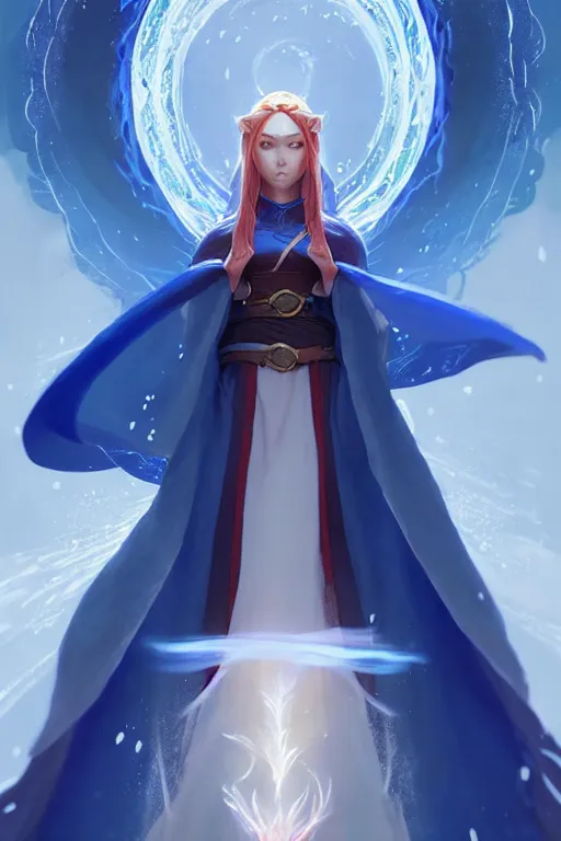 Image similar to elf female sorcerer doing water magic spells, blue robes, red hair, finely detailed perfect face, exquisite details, mid view, design on a white background, by studio muti, greg rutkowski makoto shinkai takashi takeuchi studio ghibli