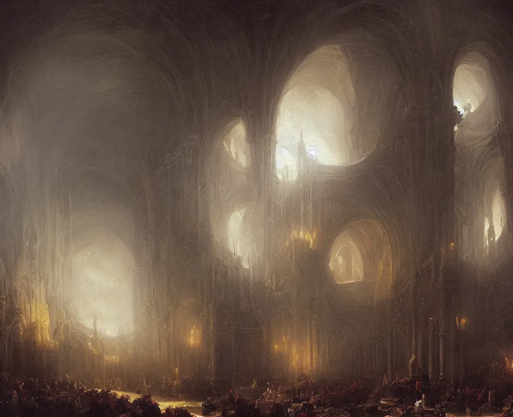 Prompt: pipe organ in winter, fantasy, medieval, grey smoke highly detailed, Artstation, oil on canvas painting by Thomas Cole and john howe and alan lee