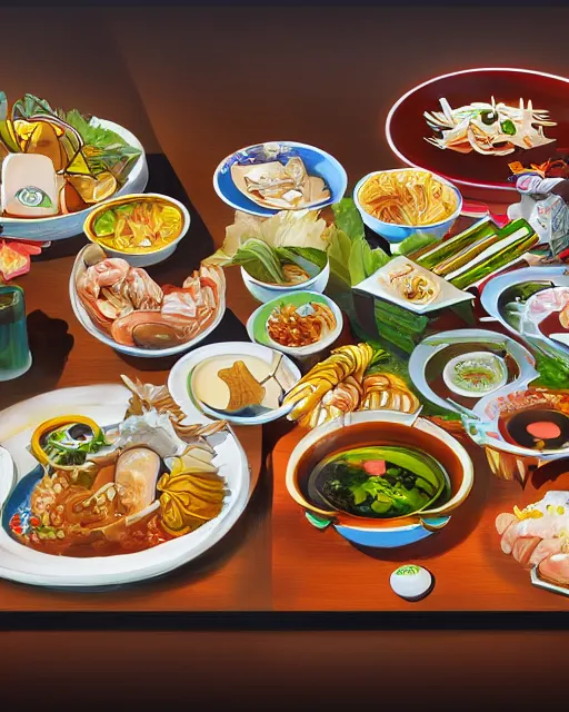 Image similar to a painting of a table full of japanese foods, concept art by taro yamamoto, pixiv contest winner, auto - destructive art, official art, concept art, pixiv