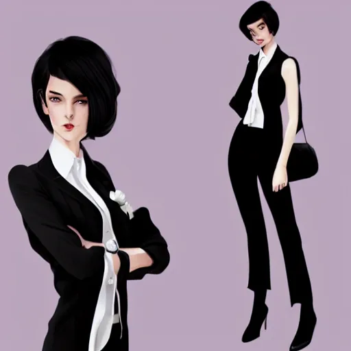 Image similar to slim girl in tuxedo with short black hair, elegant, 2d, ultra highly detailed, digital painting, smooth, sharp focus, artstation, art by Ilya Kuvshinov