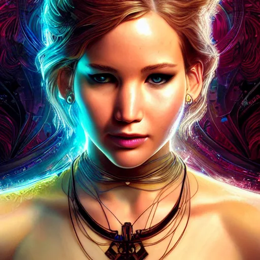 Image similar to beautiful ethereal cyberpunk jennifer lawrence, art nouveau, fantasy, intricate binary and electronic designs, elegant, highly detailed, sharp focus, art by artgerm and greg rutkowski and wlop