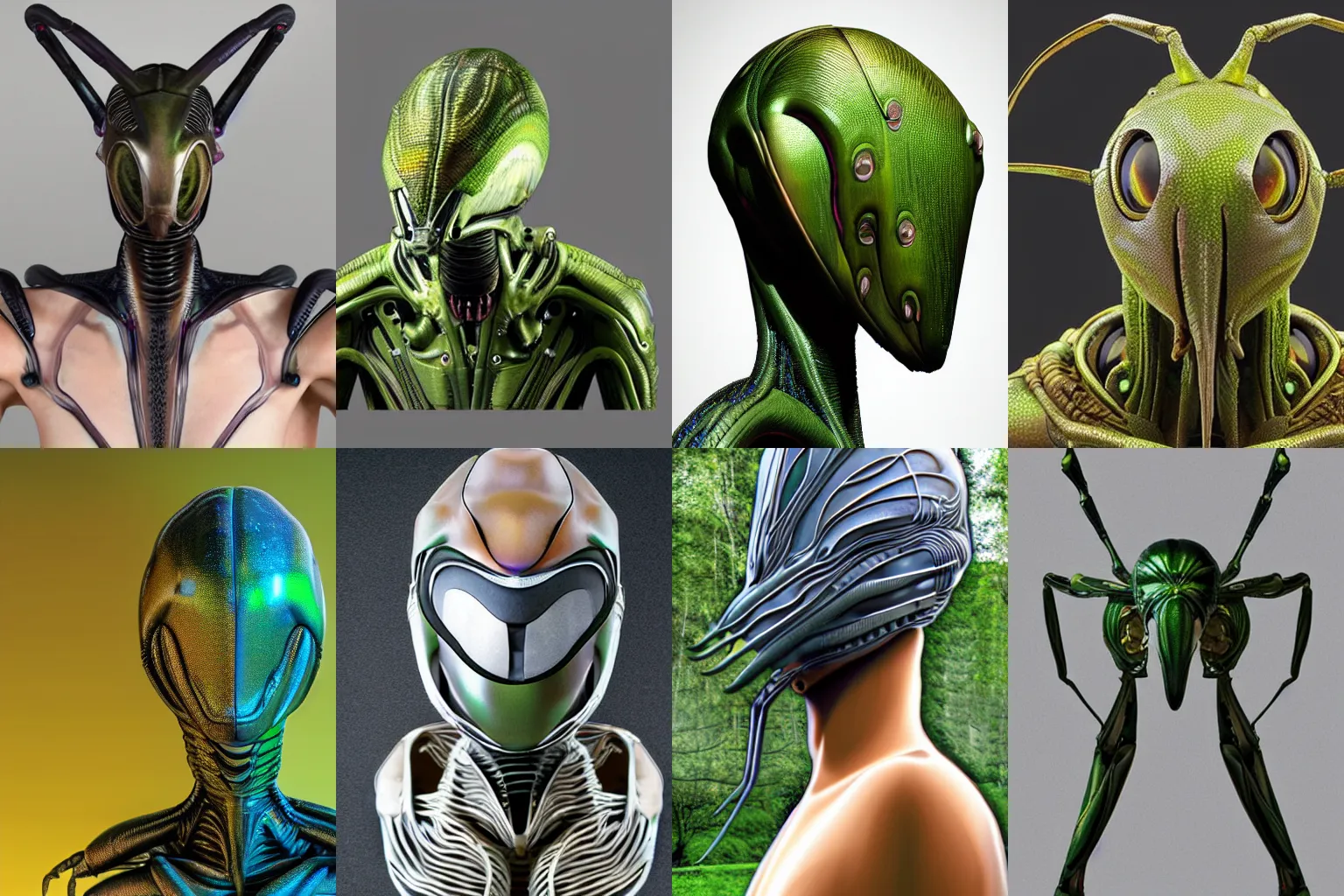 Prompt: organic alien suit in the form of mantis head, fullbody, hyperrealism, realistic photo, ultra detailed, surreal, heavy, technology, symmetrical front, dramatic lights, otherworldly, frightening