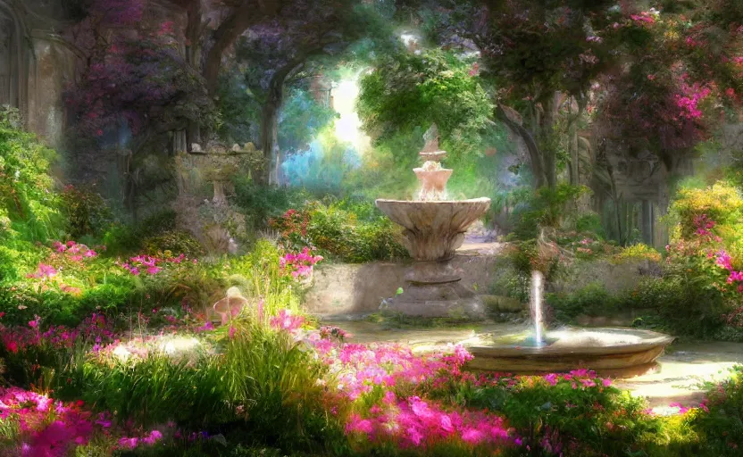 Image similar to Beautiful garden, next to a fountain and a mystical palace. By William-Adolphe Bouguerea, Jordan grimmer, fractal flame. Highly_detailded