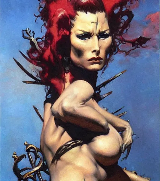 Image similar to portrait of strong female chaos angel, beautiful! coherent! by frank frazetta, by brom, strong line, deep color, spiked metal armor, maximalist