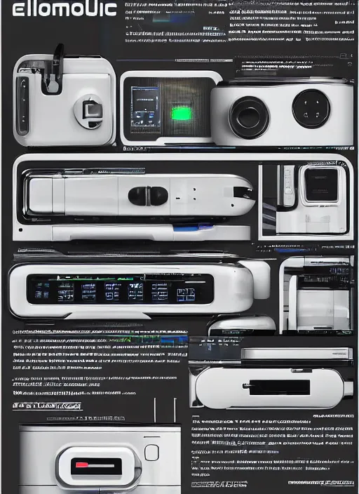 Image similar to electronics catalogue with hyper-detailed futuristic gadgets designed by Syd Mead, Jony Ive and Dieter Rams