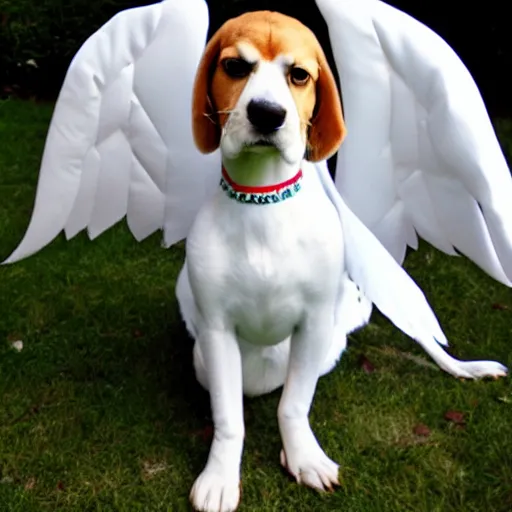 Image similar to Beagle dressed up as an angel.