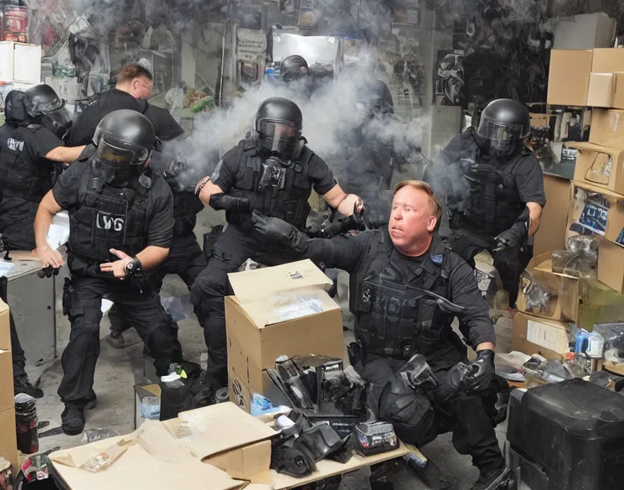 Prompt: Alex Jones in his garage office INFOWARS studio fighting a group of SWAT police, surrounded by boxes of herbal supplements and trash, tear gas and smoke, detailed photograph high quality