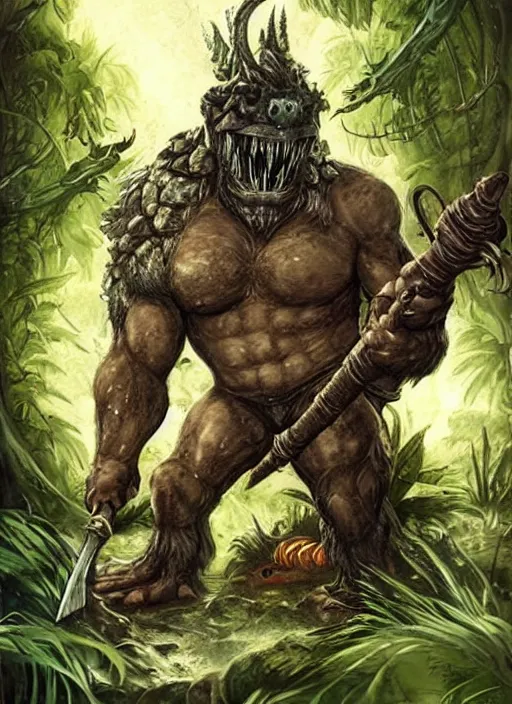 Image similar to giant orc and angler - fish hybrid beast holding an axe : : fantasy style : : jungle scenery