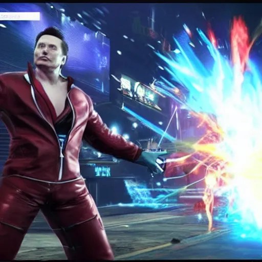 Prompt: Elon Musk In Tekken. PSX style graphics, combo alerts on the screen. In battle Elon Fighting Jin Tekken 7.