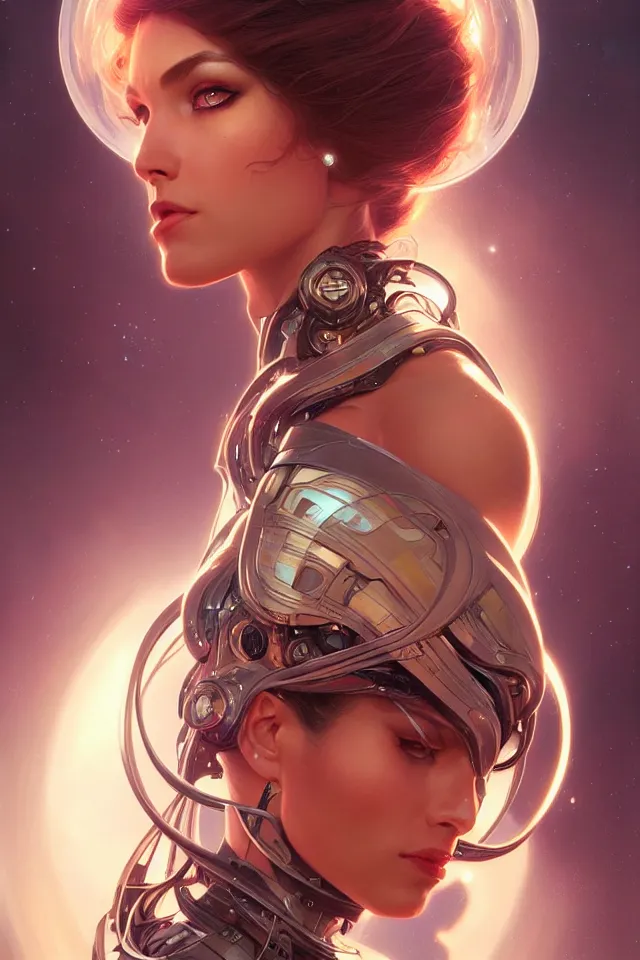 Image similar to futuristic woman portrait, sci-fi, amber eyes, face, long hair, fantasy, intricate, elegant, highly detailed, digital painting, artstation, concept art, smooth, sharp focus, illustration, art by artgerm and greg rutkowski and alphonse mucha