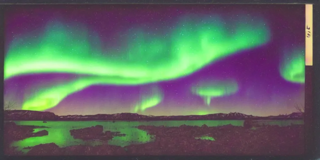 Image similar to polaroid photo of the northern lights, rich colors, lens flare