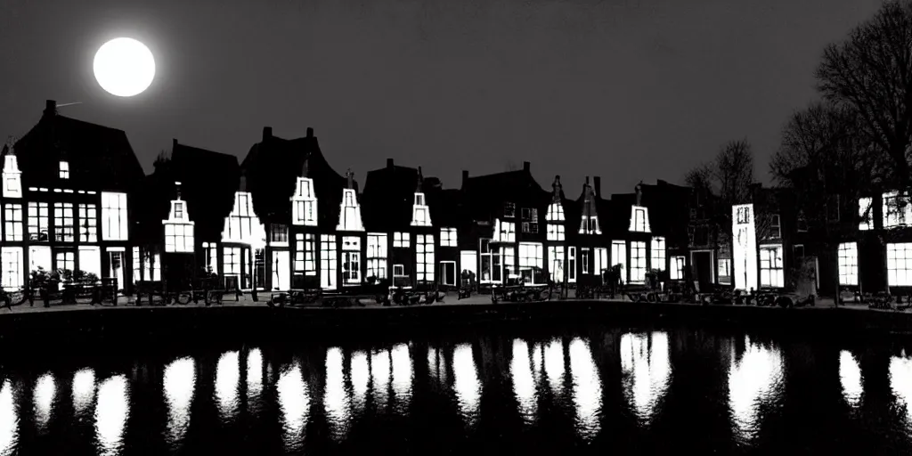 Prompt: Dutch houses along a river, silhouette!!!, A single circular white full moon, dim sky, soft glowing windows, lots of stars!! in the sky, b&w!, Reflections on the river, a man is punting, flat!!, Front profile!!!!, HDR, soft!!, street lanterns glow, shimmers, 1904, illustration, shadowy figures