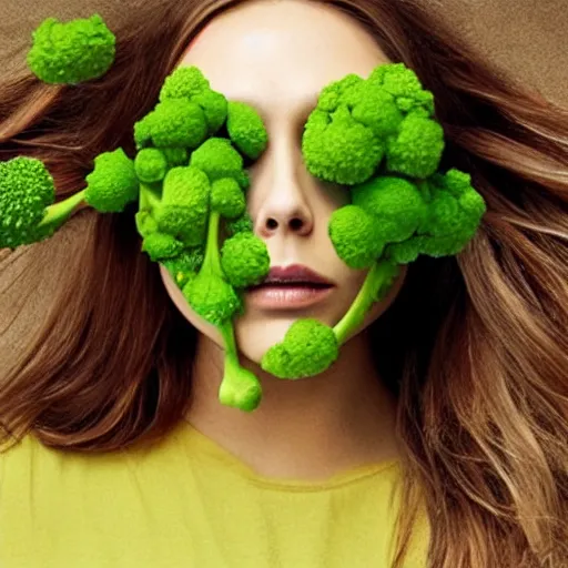 Image similar to elizabeth olsen has a [ [ head made of broccoli for a face ] ]!!, trending on cgsociety, 4 k quality, intricate