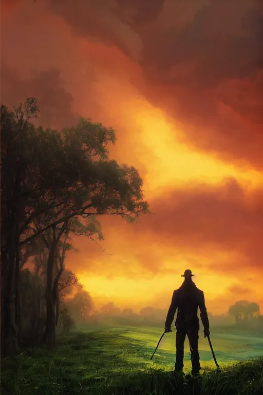 Prompt: ominous figure in the street of a destroyed city, fiery green pastoral marshy landscape, trees, hills, thick heavy fog, sunset, golden hour, blue hour, colorful magenta and green dramatic cloud filled sky, by gerald brom, greg rutkowski, photo realism, unreal engine