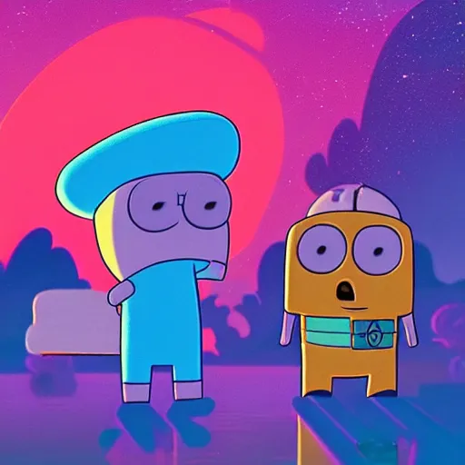 Image similar to Adventure Time Finn and Jake, synthwave, 4k, sharp, high details