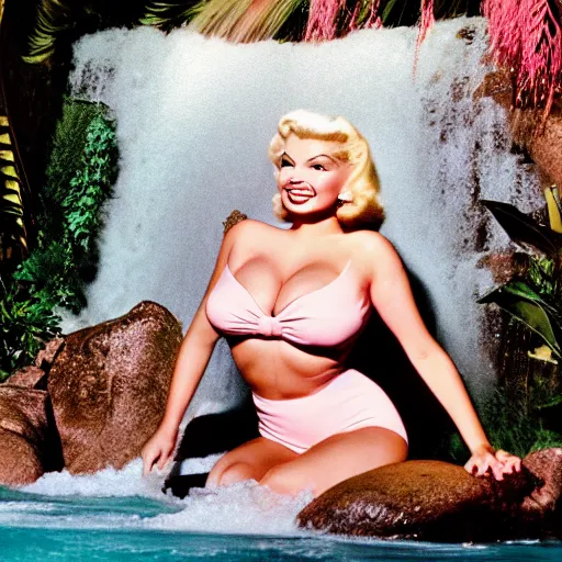 Prompt: a very beautiful sundance award winning image of jayne mansfield under a tropical waterfall, full body, pale pink bikini, pink lipstick, detailed kissy face, cinematic lightning, golden hour, medium shot, alexa mini, cryengine, raytracing, 4 k, cinematic wallpaper by gil elvgren, robert maguire, rudolf belarski