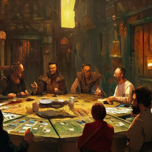 Prompt: Oil painting of group of merchants around a round table, having a heated discussion, portrait, D&D, Magic The Gathering, by Craig Mullins, Nekro, Victo Ngai, centered, symmetrical, volumetric lighting