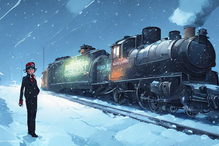 Image similar to dieselpunk polar express going into a canadian blizzard by makoto shinkai, ilya kuvshinov, lois van baarle, rossdraws, basquiat