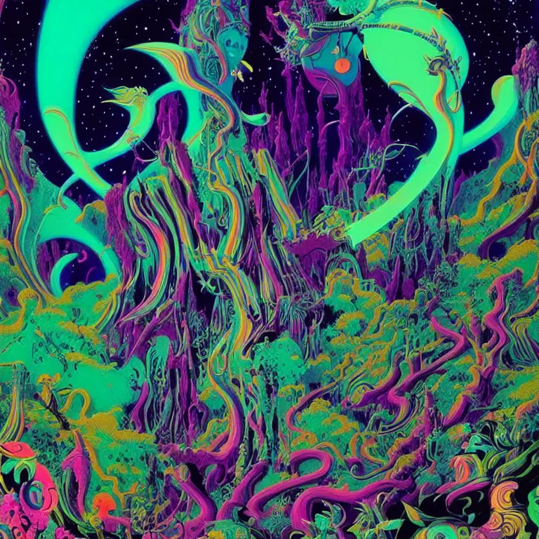 Image similar to hallucinogenic ghost galaxy, bright neon colors, highly detailed, cinematic, eyvind earle, tim white, philippe druillet, roger dean, lisa frank, aubrey beardsley