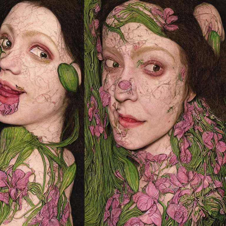 Image similar to a grinning girl with her skin tattood with plant patterns, her face looks like an orchid, she is the center of the garden, jan van eyck, ernst fuchs, egon schiele, trending on artstation, 8 k, award winning